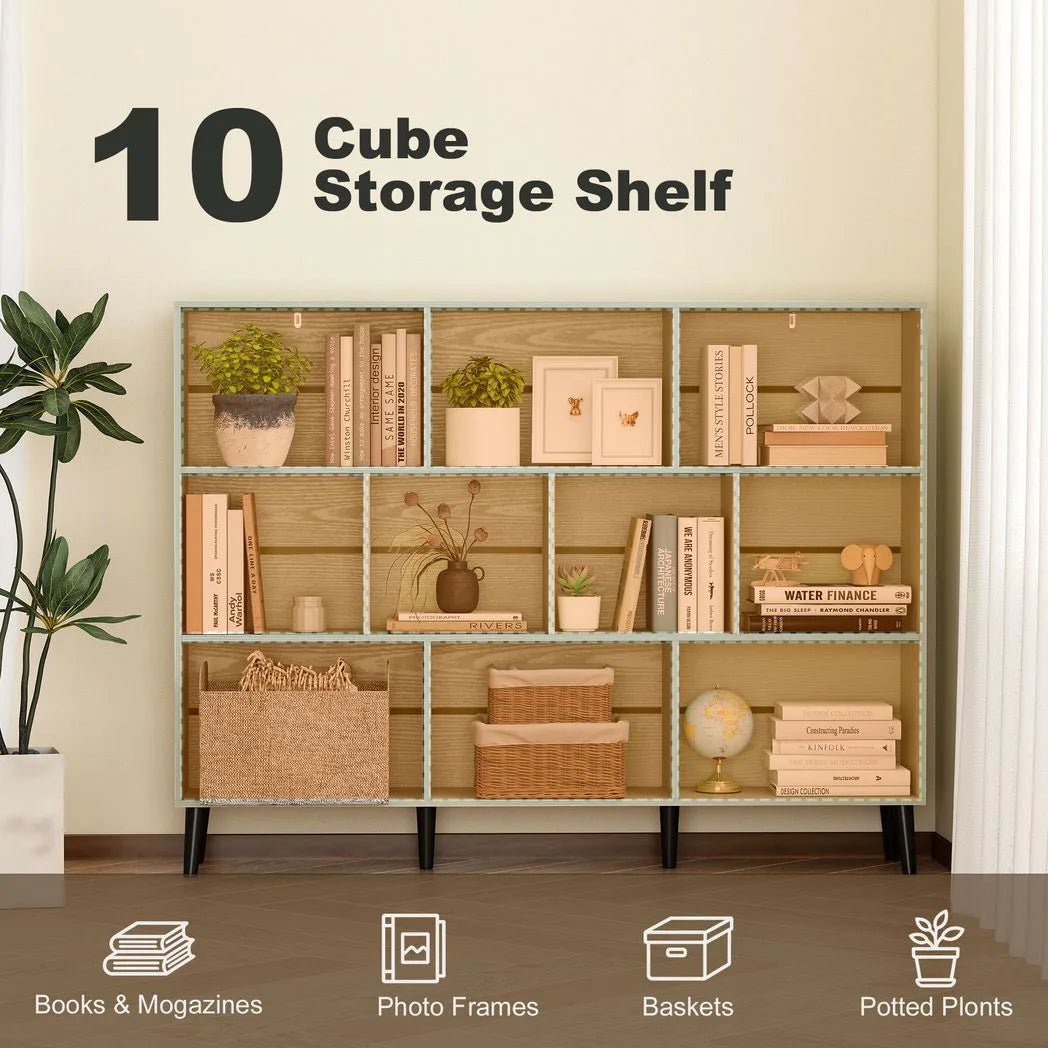 HOMCOM 10-Cube Bookcase, 3-Tier Book Shelf with Solid Wood Legs, 140 cm Modern Bookshelf with Anti-Tip Kit, Light Green