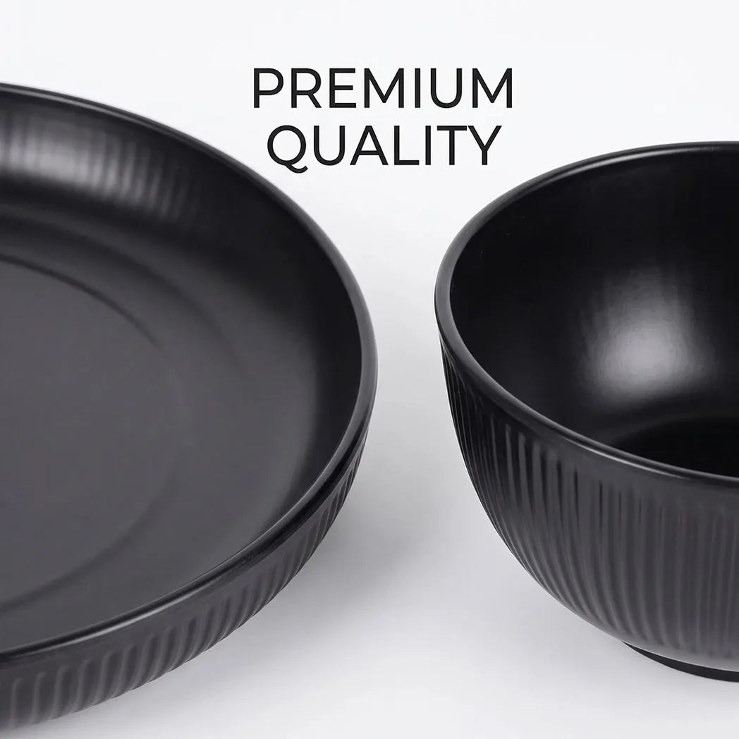 18PCS Round Dinner Set Wheat Straw Dining Plate Bowl Mug Unbreakable Dinnerware-Black