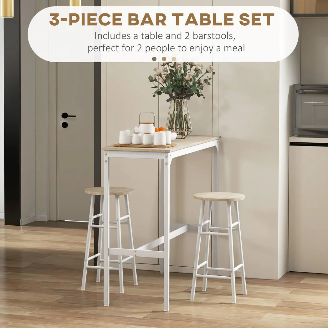 HOMCOM 3 Piece Bar Table Set with 2 Stools, Industrial Bar Table and Stool, Dining Table and Chair, Oak