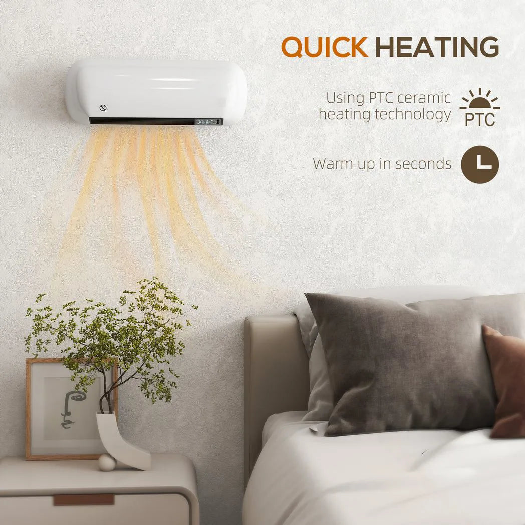 HOMCOM 2000W Ceramic Electric Heater with Fan, Adjustable Thermostat, Wall Mounted - White