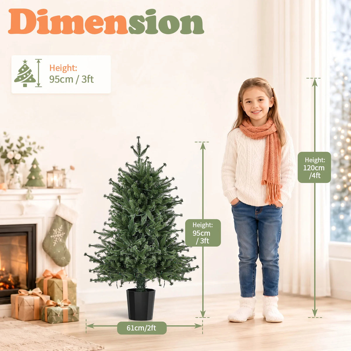 3FT Pre-Lit Artificial Christmas Tree, Green PE Mini Xmas Tree with 80 Warm White LED Lights (8 Modes), 100 Branch Tips, Black Round Pot Base, Battery Operated