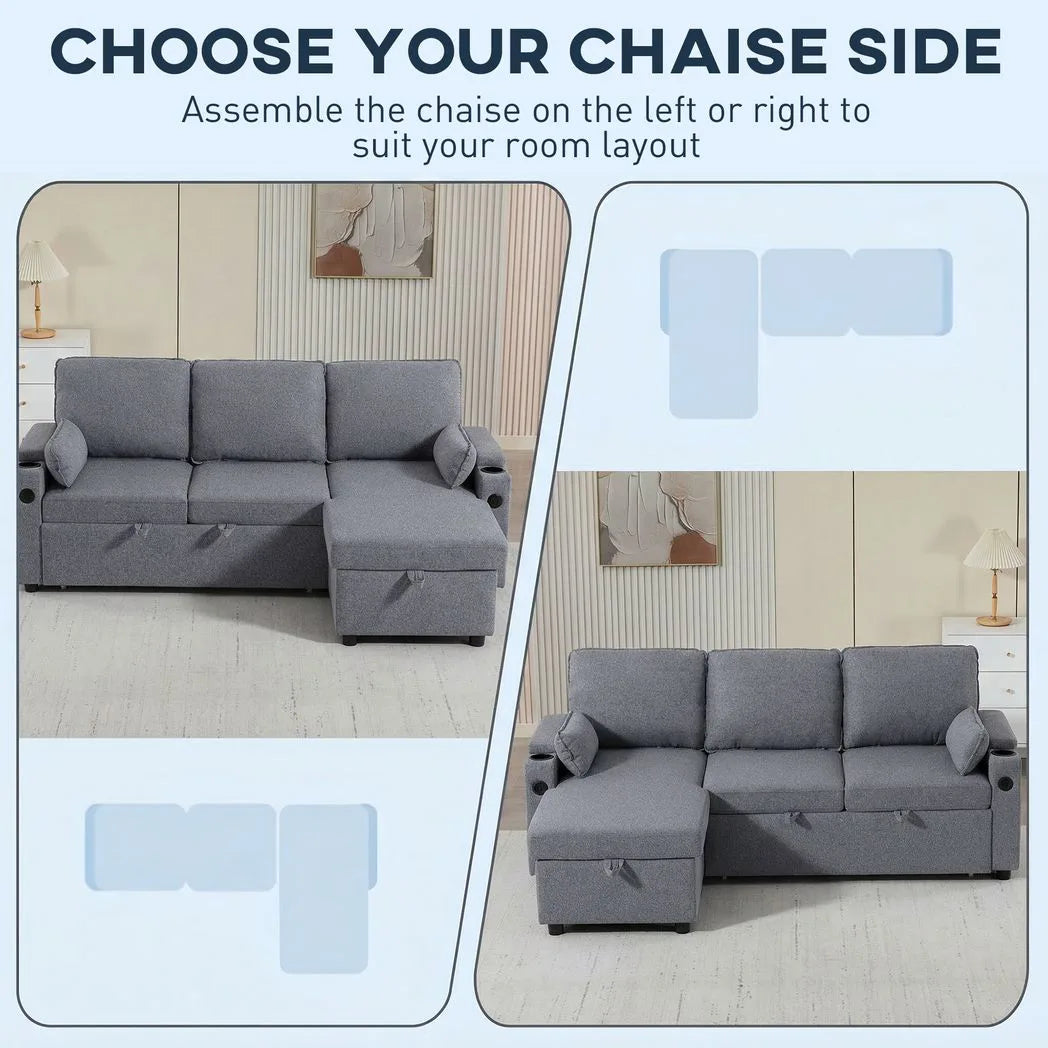 HOMCOM Corner Sofa Bed, L Shaped Sleeper Sectional Sofa with Reversible Storage Chaise, Grey