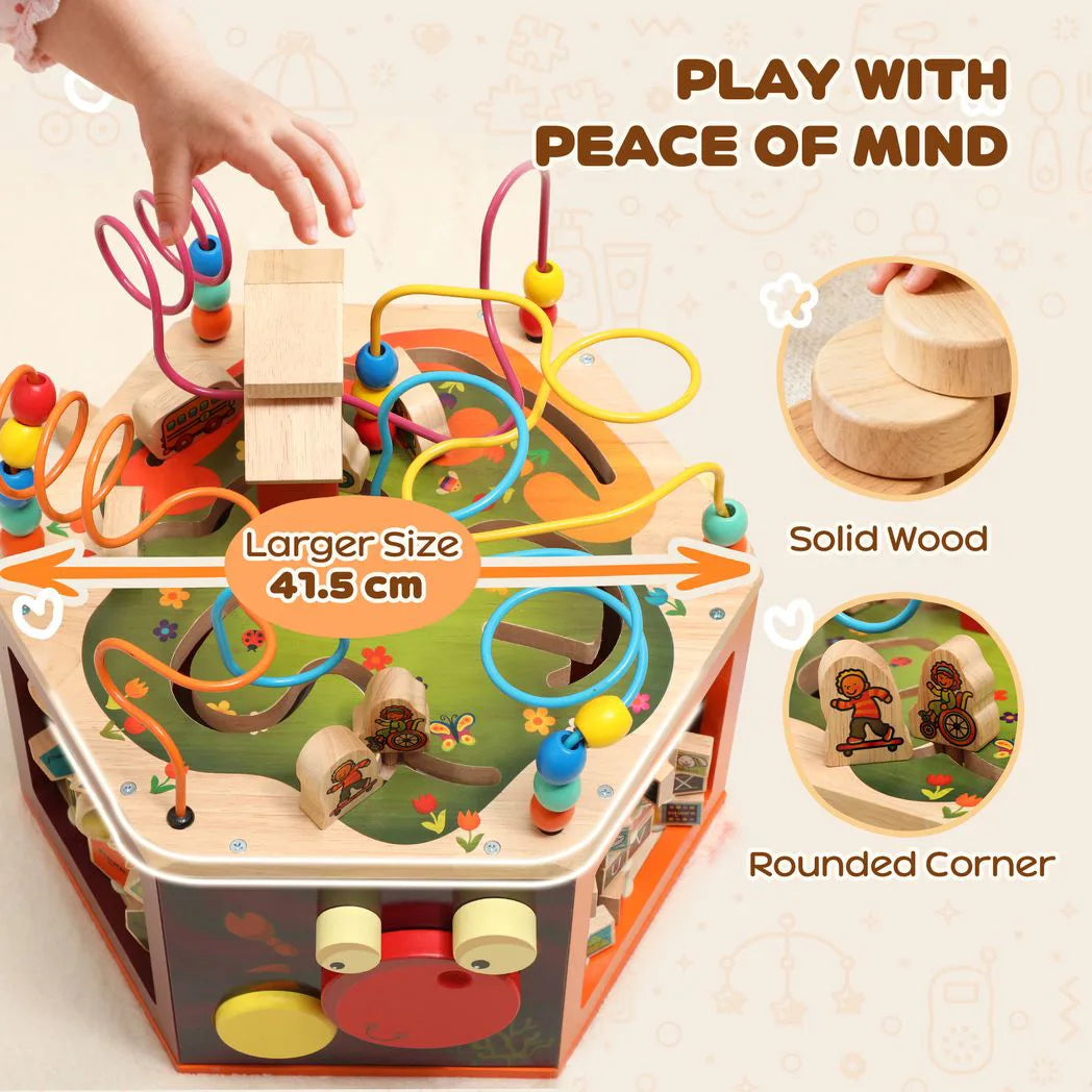 AIYAPLAY 8 in 1 Wooden Activity Cube with Bead Maze, Shape Sorter, for Kids Boys Girls 18 Months