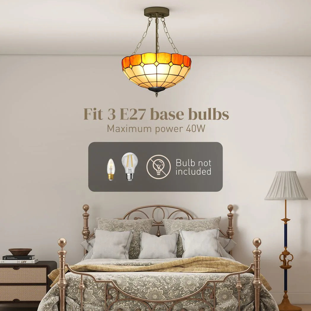 HOMCOM Tiffany Style Ceiling Light, Vintage Chandelier with 3 E27 Sockets, Semi Flush Mount for Living Room, Bulbs Not Included