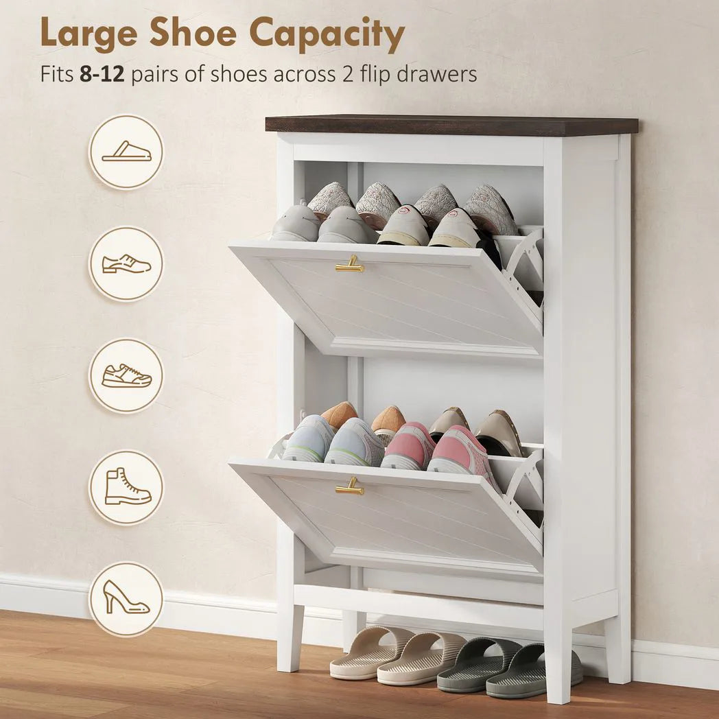 HOMCOM Shoe Cabinet with 2 Flip Drawers, Farmhouse Narrow Shoe Storage Cabinet with Adjustable Shelves, White