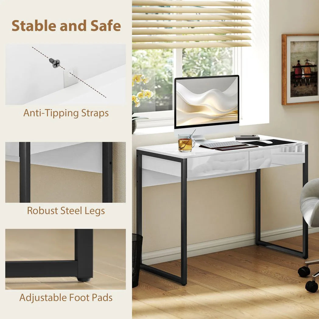 HOMCOM High Gloss Work Table, with Drawers - White