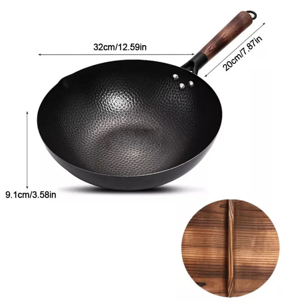 32CM Household Pure Iron Wok Non Coated Cast Iron Pan for Gas Induction Cookers~