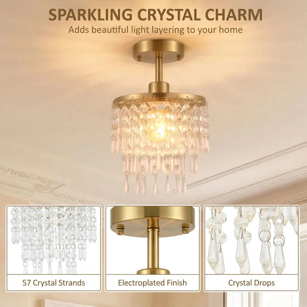 HOMCOM Crystal Ceiling Light with 57 Crystal Strands, Ceiling Light with Mounting Plate for Hallway, Gold Tone