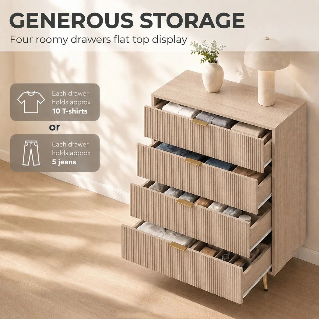 HOMCOM Bedroom Chest of Drawers with 4 Drawers, Fluted Dresser with Gold Tone Handles, Storage Cabinet, Natural