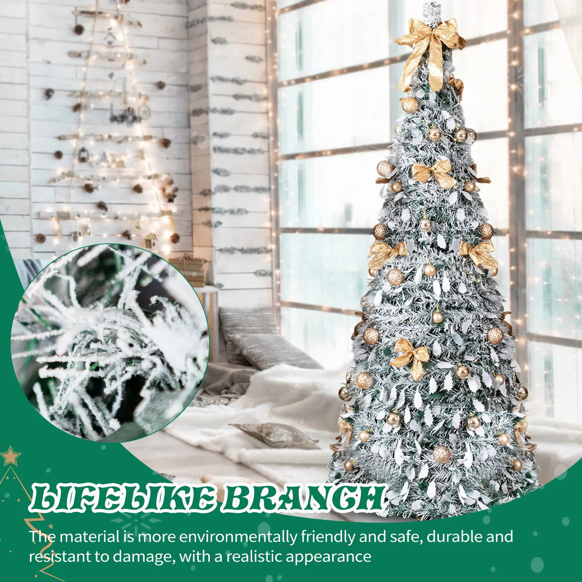 6 FT Snow Flocked Pre-lit Artificial Pop Up Christmas Tree with 100 Warm Lights and Golden Ornaments for Home Office Store Holiday Deco, Snowy Green