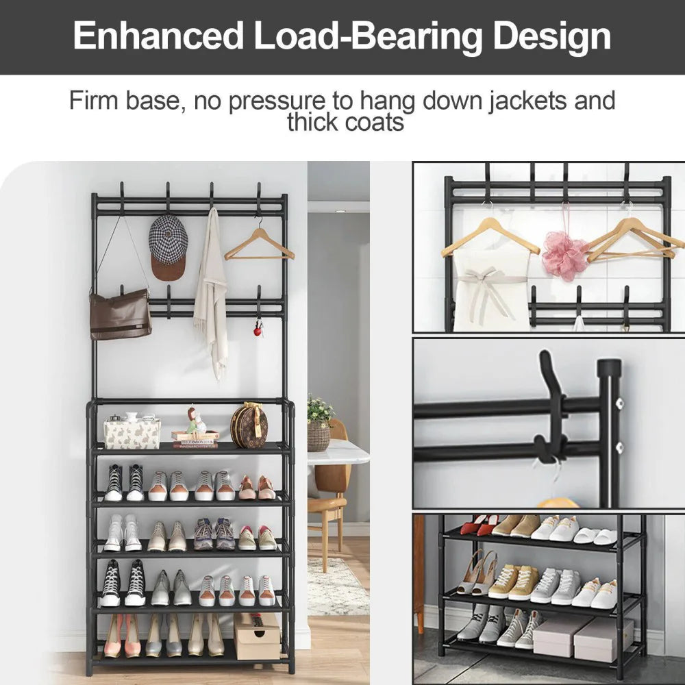 New Coat and Hat Stand 8 Hooks Metal Shoe Rack 5 Tiers Shelf Hanger Black