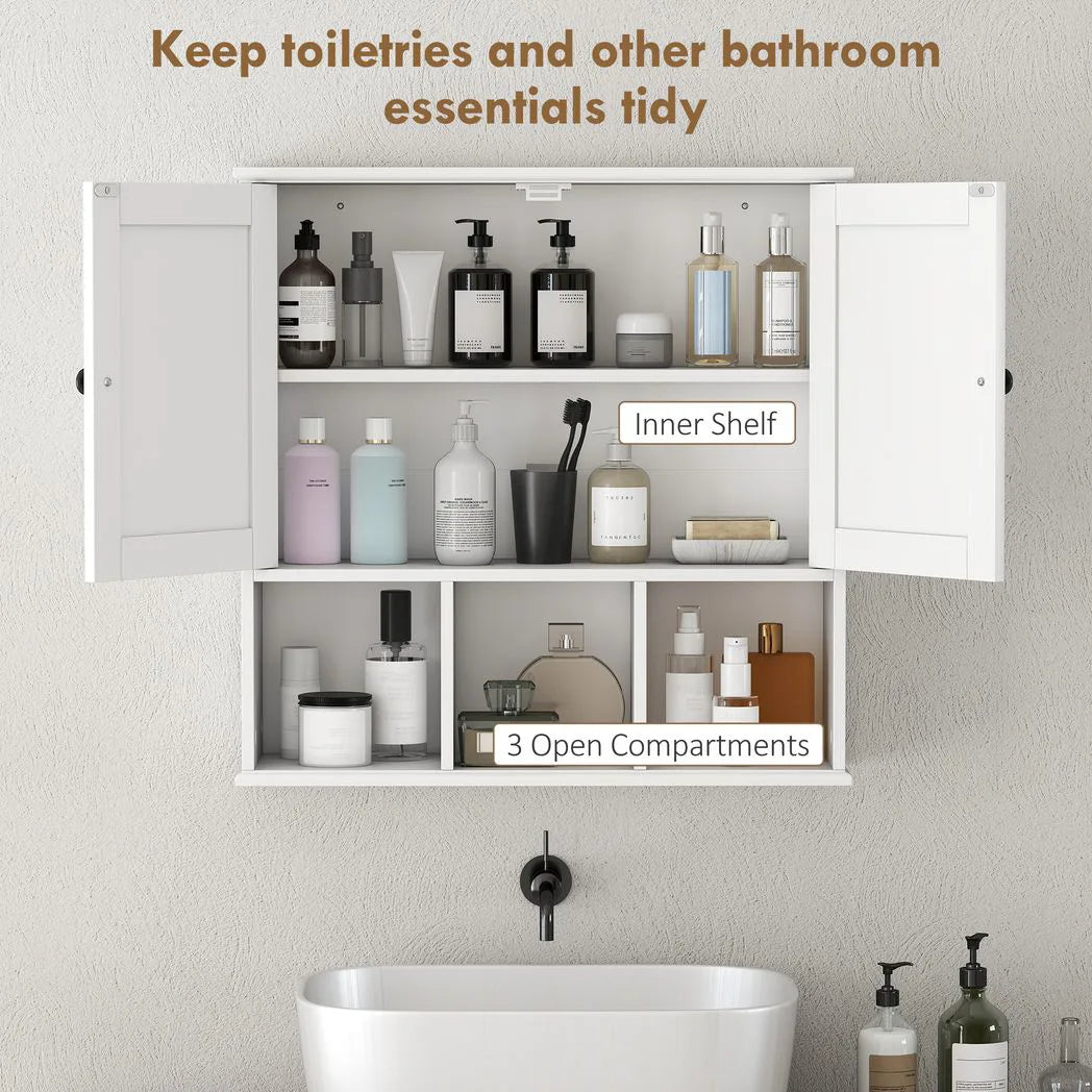 HOMCOM Farmhouse Bathroom Wall Cabinet, Wall Mounted Medicine Cabinet with Adjustable Shelf, Open Compartments, White