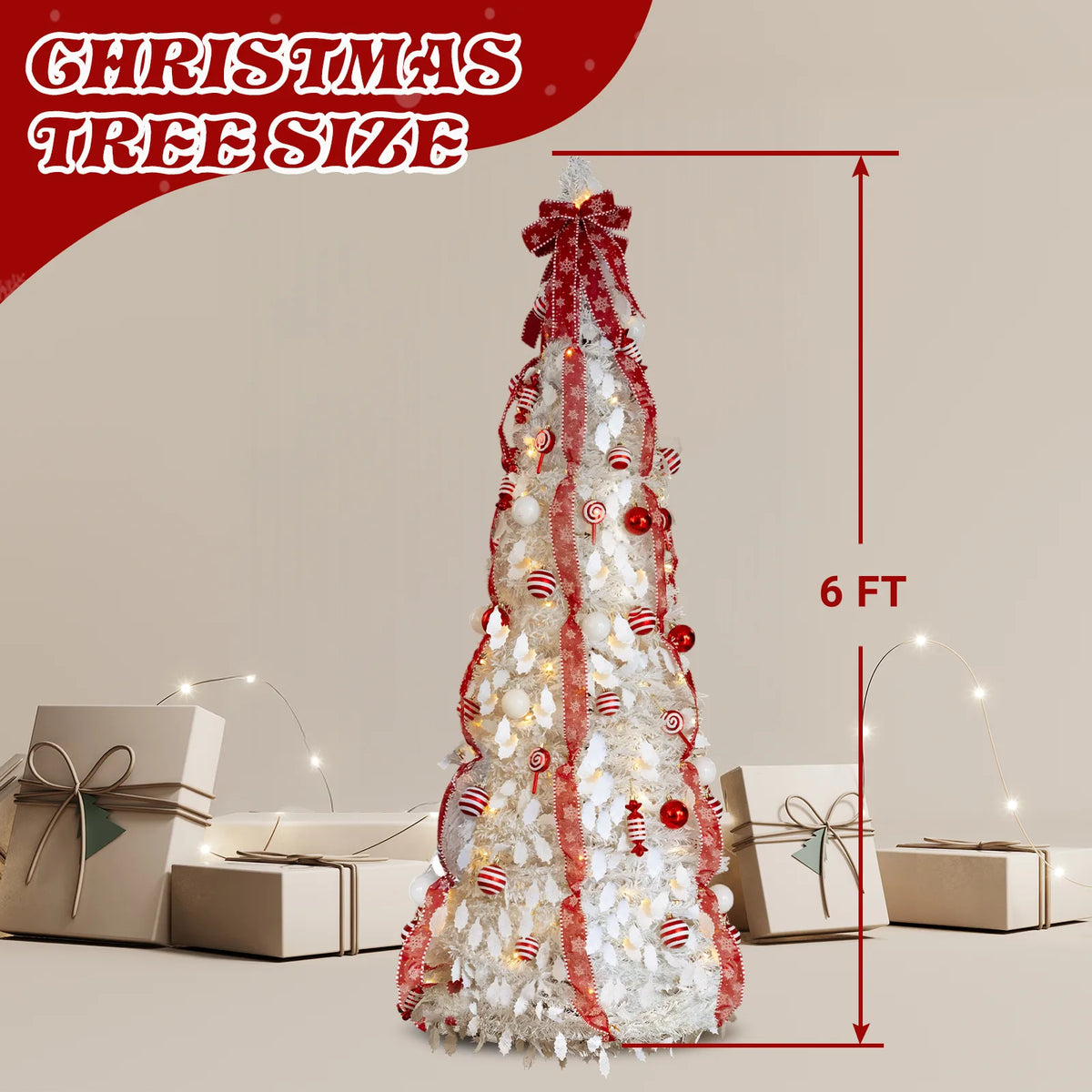 6 FT Fully Decorated Pre-lit Christmas Tree, Pop Up Artificial Xmas Tree with 100 Warm Lights and Red Ornaments for Home Office Store Holiday Deco, White