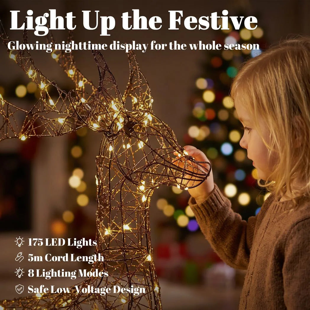Outsunny Lighted Reindeer and Sleigh Set, 2-Piece PP Rattan Outdoor Christmas Decoration with LEDs, 8 Modes, Daily Timer