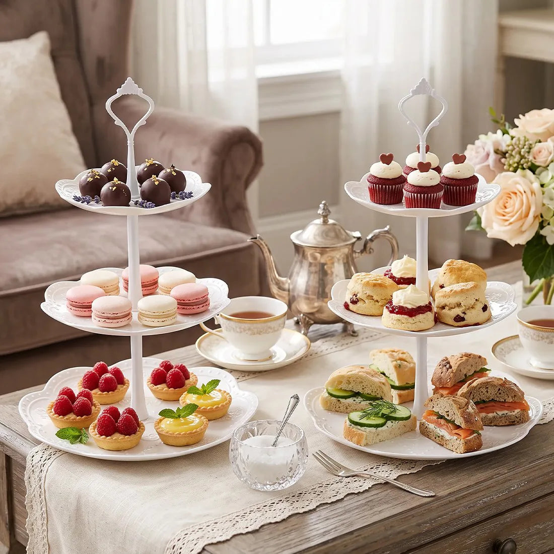 2PCS 3 Tier Cake Stand Afternoon Tea Wedding Plates Party Embossed Tableware-Cherry blossom