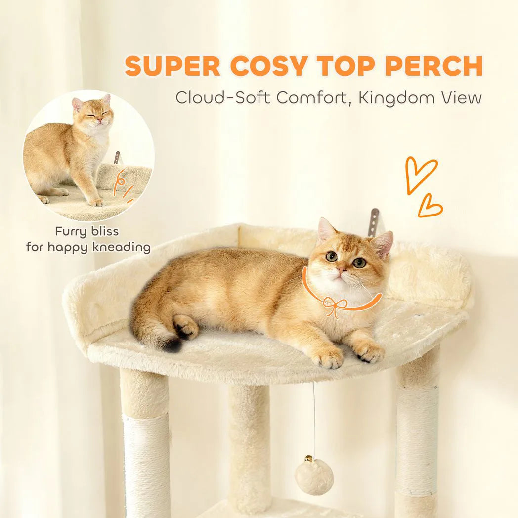 PawHut 170 cm Large Cat Tree, Cat Tower with 7 Scratching Posts, Tunnel, 2 Condos, Hammock, Perch, Ramp, Pompoms, Beige