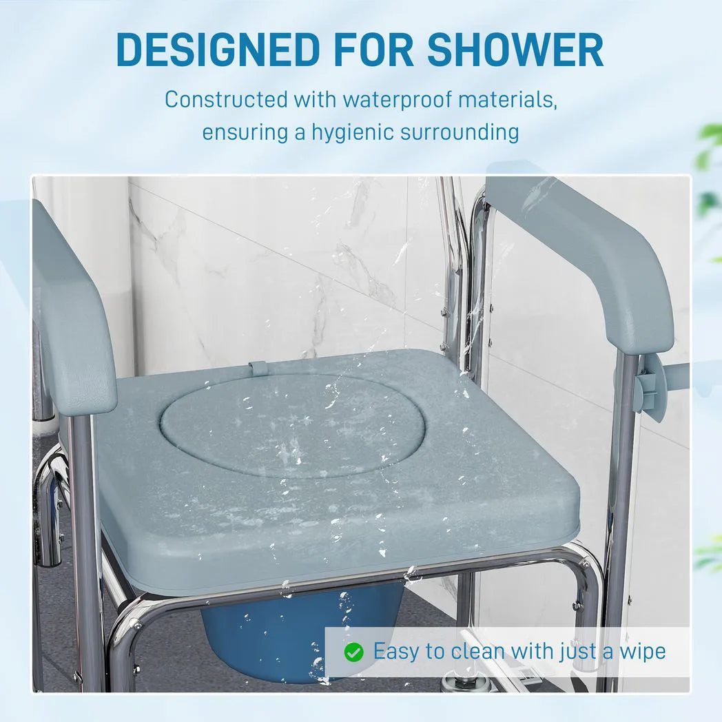 HOMCOM Rolling Shower Wheelchair for Seniors, Bedside Commode Chair with Locking Wheels, Seat, Backrest, Arms, Grey