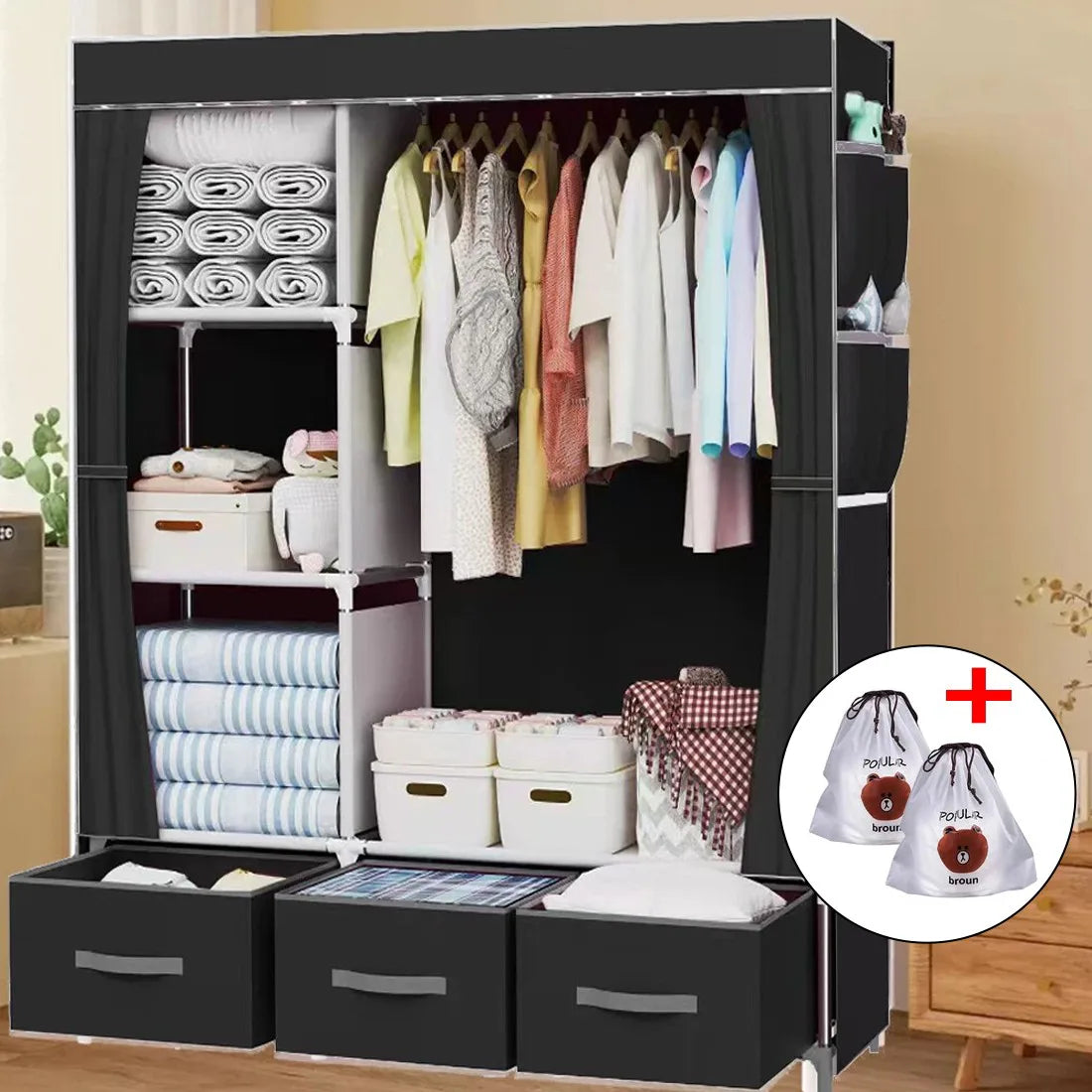 Large Fabric Canvas Wardrobe with Clothes Hanging Rail Shelving Storage Closet