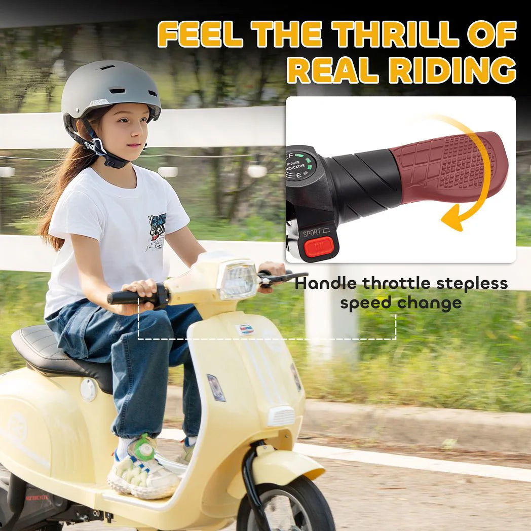 AIYAPLAY 24V Kids Electric Motorbike, Ride on Motorcycle with Manual Throttle, Brakes and LED Lights for Ages 8-12 Years, Beige