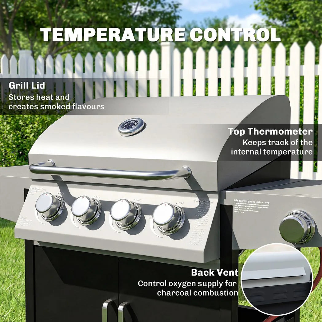 Outsunny 4 Burner Gas BBQ Grill with Side Burner, 14.5 kW Steel Portable Gas Barbecue Grill with Built-in Thermometer, Lid