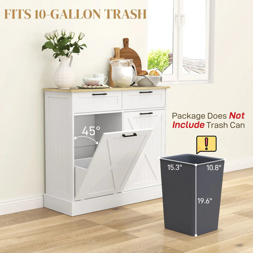 HOMCOM Sideboard with Tilt-out Trash Bin, Farmhouse Kitchen Sideboard with 2 Drawers, Adjustable Shelves, Door Racks, White