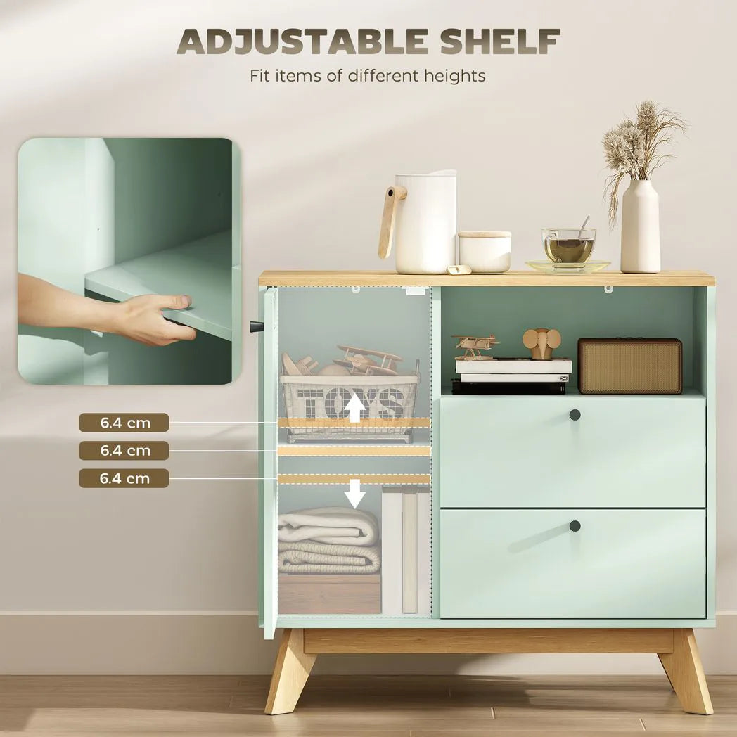 HOMCOM Sideboard Storage Cabinet, 80 cm Buffet Cabinet with 2 Drawers, Open Compartment, Adjustable Shelf, Light Green and Oak