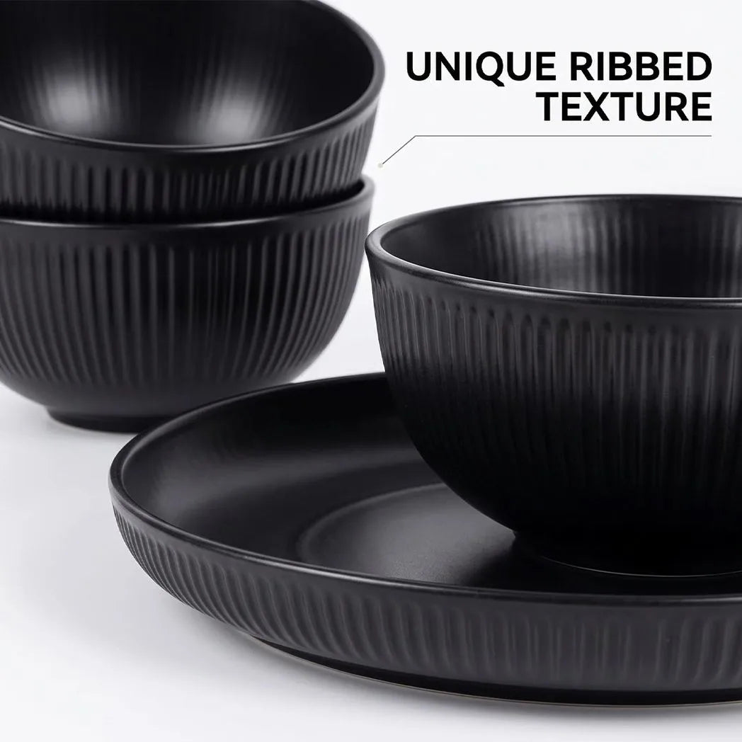 18PCS Round Dinner Set Wheat Straw Dining Plate Bowl Mug Unbreakable Dinnerware-Black