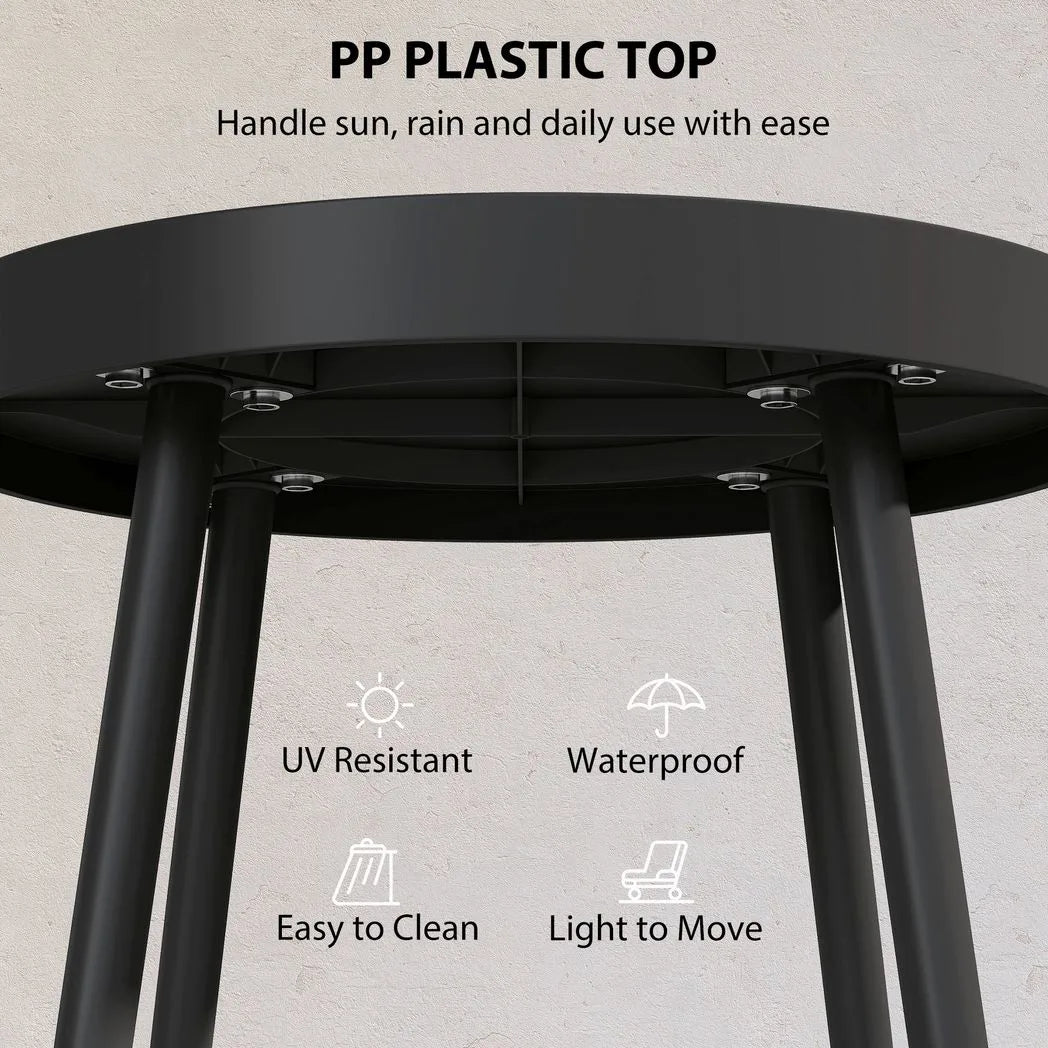 Outsunny 49.5 cm Round Garden Table, Small Outdoor Coffee Side Table with Plastic Tray-Style Top, Metal Legs, Black