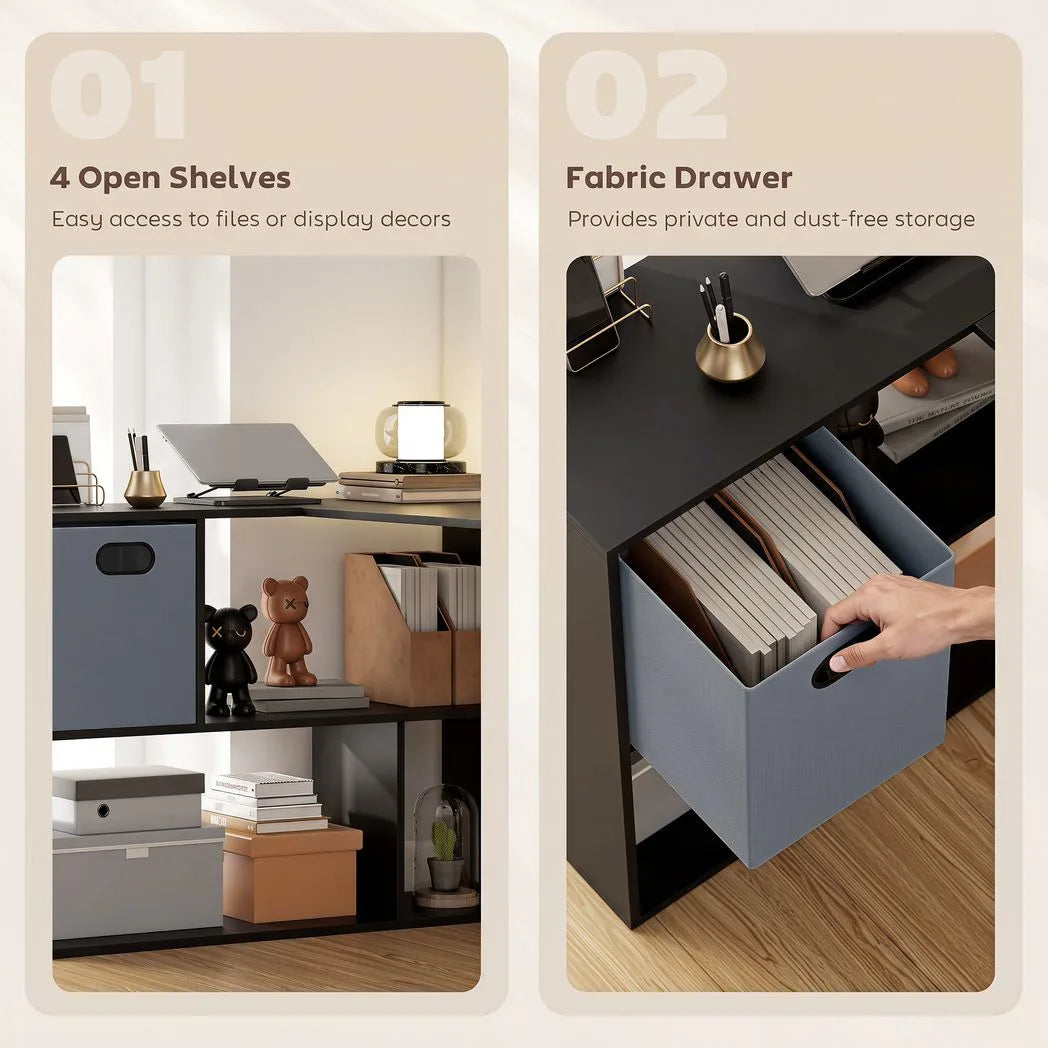 HOMCOM 110 cm L-Shaped Desk, Small Computer Desk with Fabric Drawer and Storage Shelves for Home Office, Study, Black