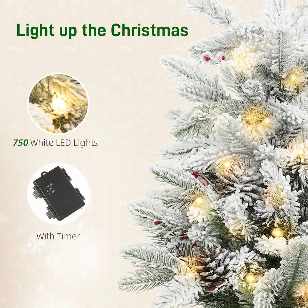 HOMCOM 60 cm Prelit Small Christmas Tree with 35 LED Lights, Snow Flocked Tabletop Mini Xmas Tree with Pine Cones, Berry Clusters and Linen Cover Base, Battery Operated, Green