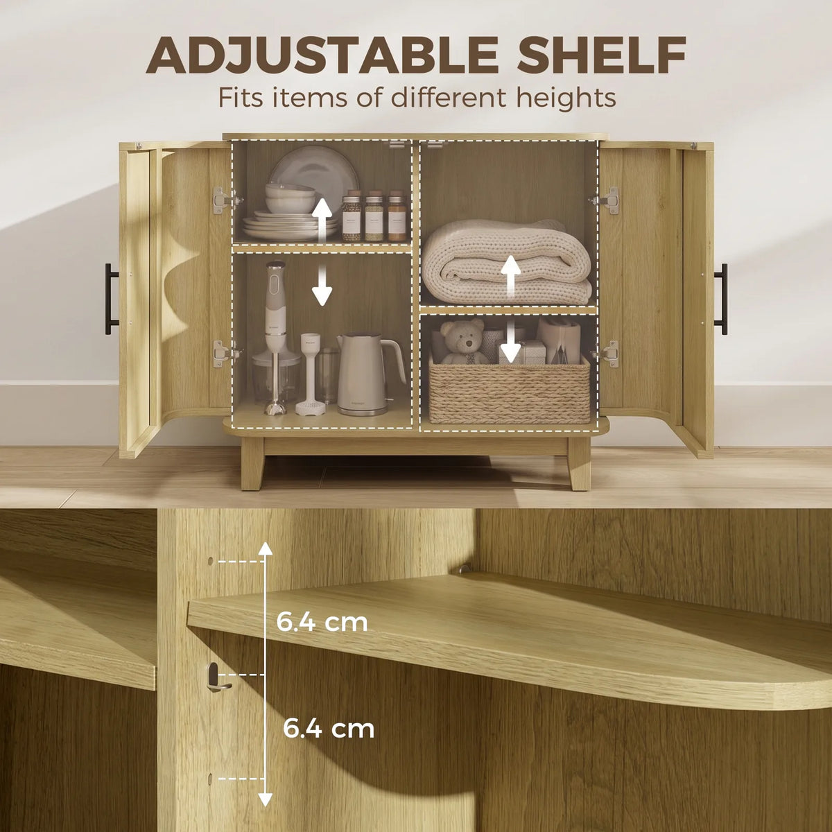 HOMCOM 80cm Sideboard Buffet Cabinet, Storage Cabinet with 2 Curved Doors, Adjustable Shelf and Legs for Dining Room, Oak