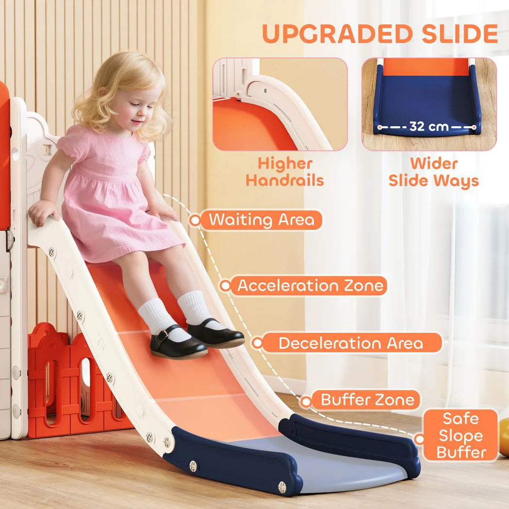 AIYAPLAY 7 in 1 Toddler Slide Set with Basketball Hoop, Climbing Frame, Telescope, Drawing Board, Storage Box, Orange