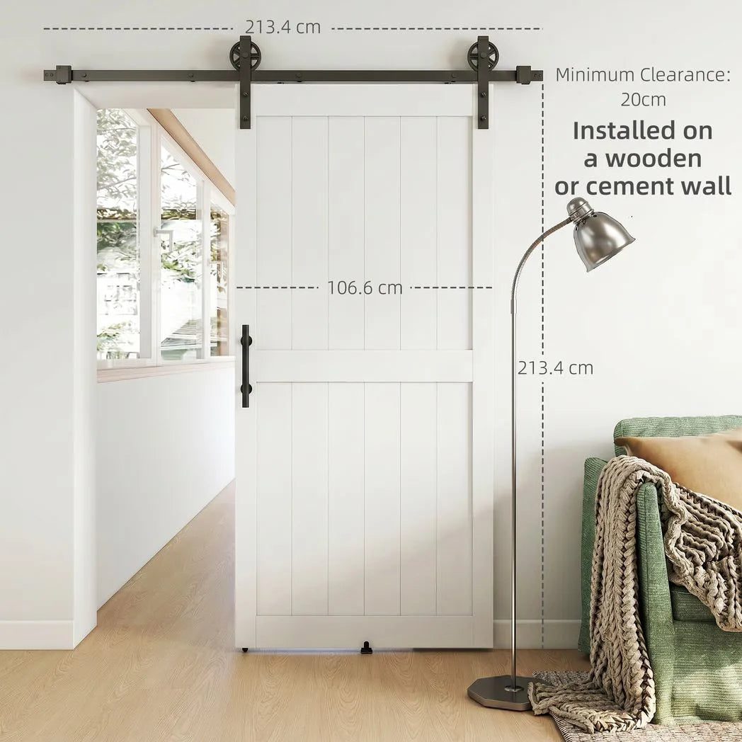 HOMCOM 213.4cm Sliding Barn Door Kit, Sliding Door with Track, Hardware, Upgraded Rollers and Floor Guide, Handle, White