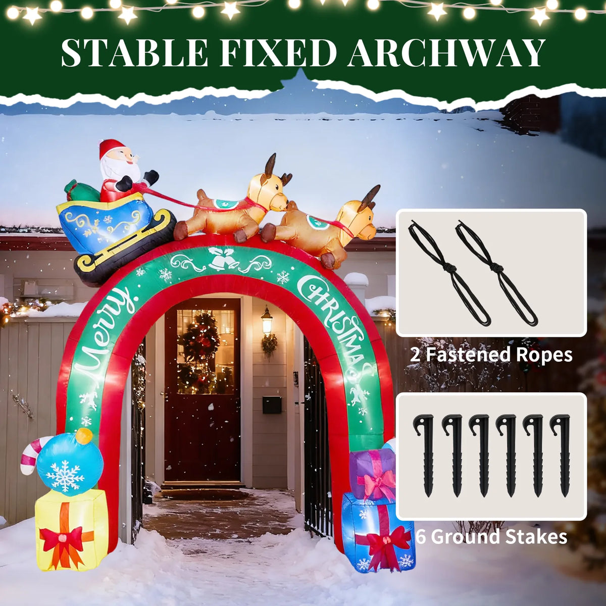 10FT Lighted Christmas Inflatable Archway, Inflatable Arch with Reindeer Pulling Santa's Sleigh, Blow Up Yard Decorations with Built-in LED Lights for Holiday Party Front Yard Lawn Garden Decor