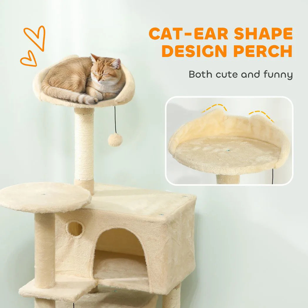 PawHut 140cm Large Cat Tree Tower with Sisal Scratching Posts, Plush Perches, Hammock, Beige