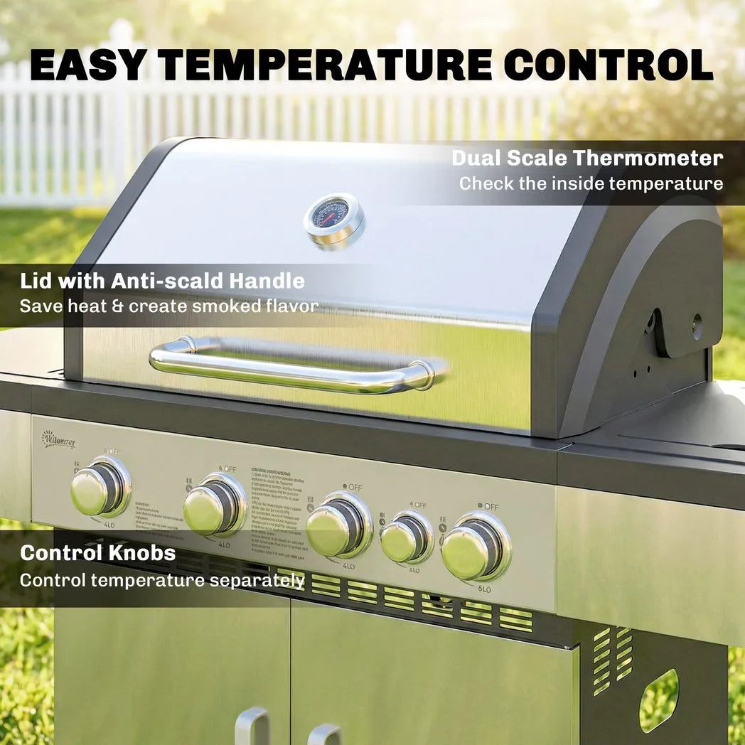 Outsunny 4 Burner Gas BBQ Grill, Portable Gas Barbecue Grill with Side Burner, Warming Rack, Side Shelf, Storage Cabinet