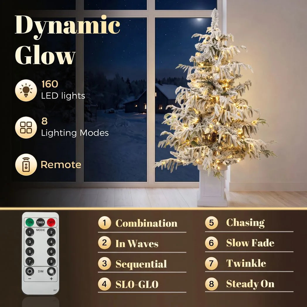 HOMCOM 4ft Prelit Flocked Christmas Tree, Artificial Snow Flocked Spruce with 160 Warm White LED Lights, 8 Modes, Green