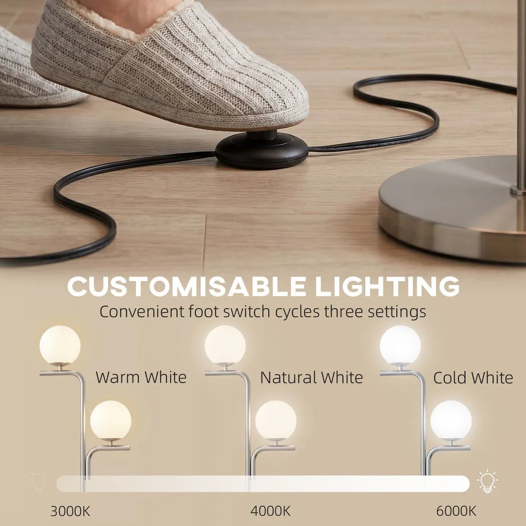 HOMCOM LED Floor Lamp, Modern Standing Lamp with 3 Colour Temperatures, Globe Glass Shades and Foot Switch, Silver Tone