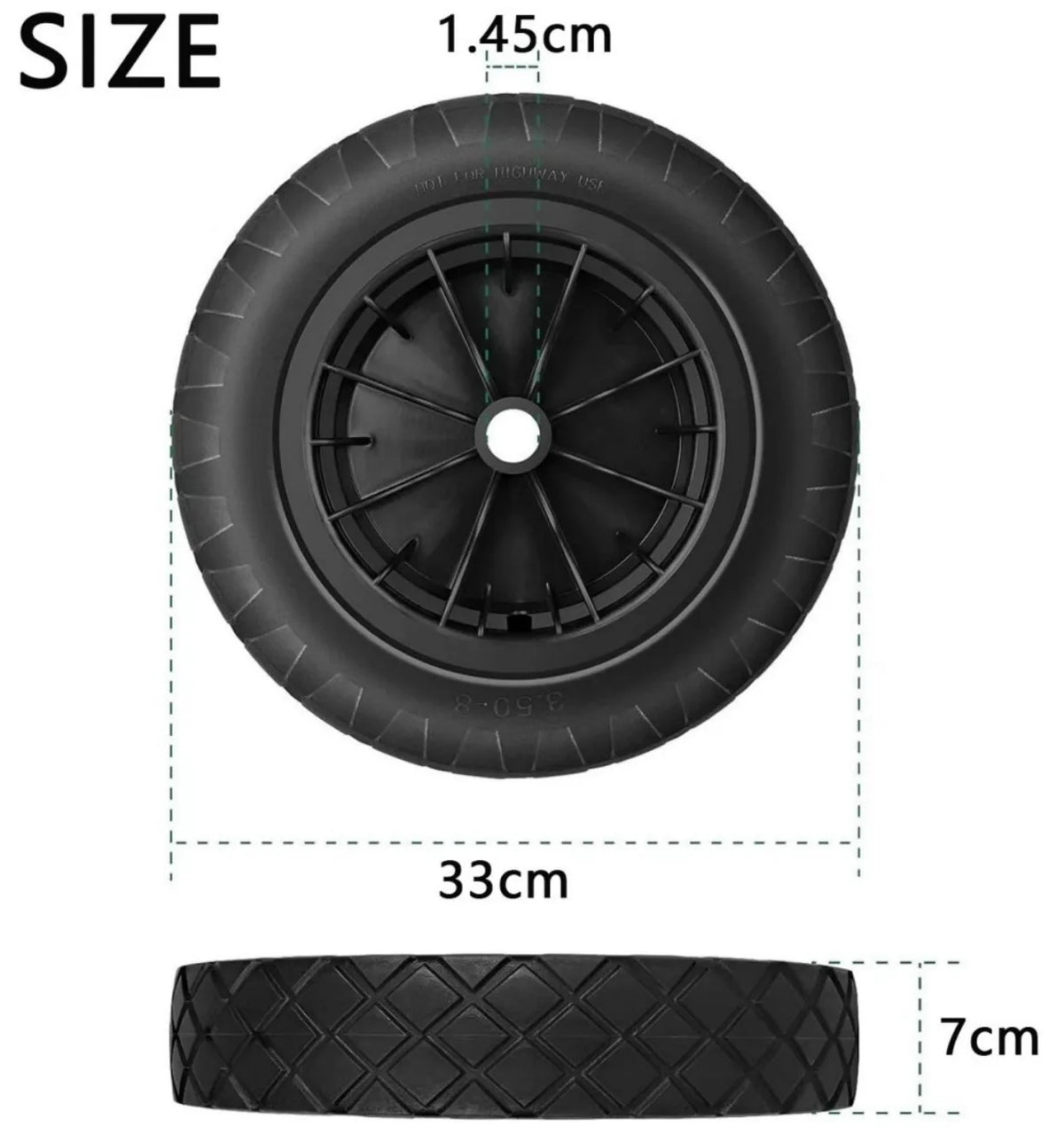 PU Wheelbarrow Wheel 14 inch 3.50-8 Puncture Proof Solid Heavy Duty Tyre Black
