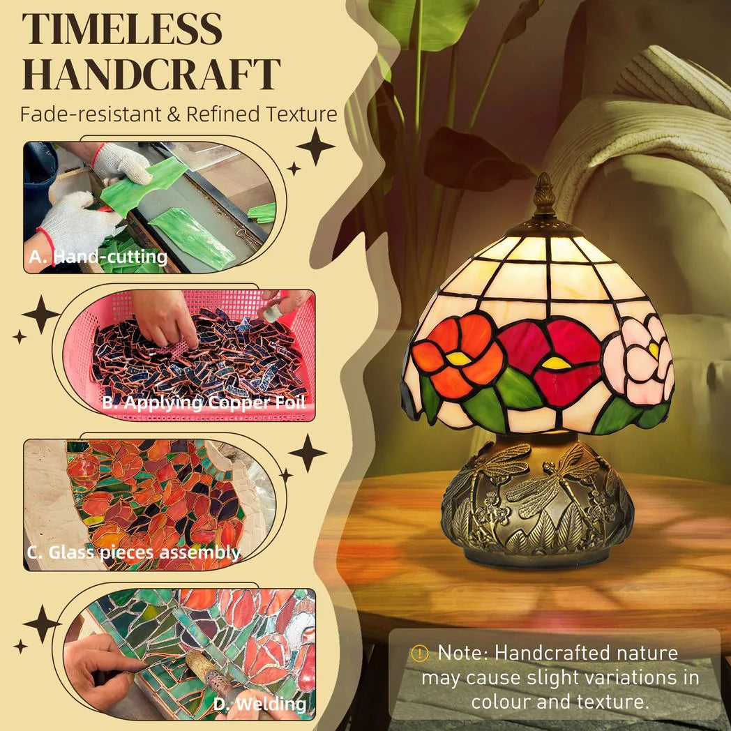 HOMCOM Handcrafted Classic Stained Glass Bedside Lamp, Tiffany-Style Table Lamp with Sculpted Dragonfly Base, Multi-Coloured