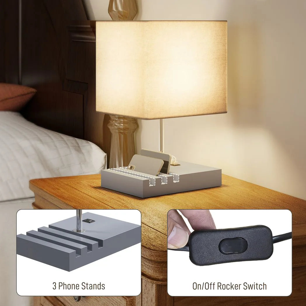 HOMCOM Bedside Lamp with USB A Charging Ports and 3 Phone Stands, Modern Table Lamp with Solid Wood Base and Fabric Shade for Bedroom Living Room Office, E27 Socket, Bulb Not Included, Grey