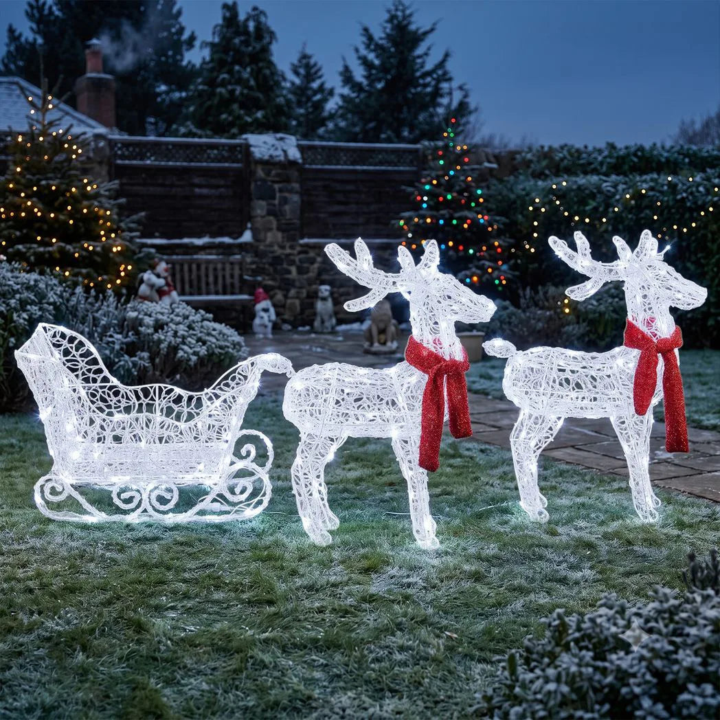 Two Reindeer Pulling Sleigh Lighted Christmas Decor 2.4ft, 240 White LED PVC Décor, UK Plug 31V 3.6W