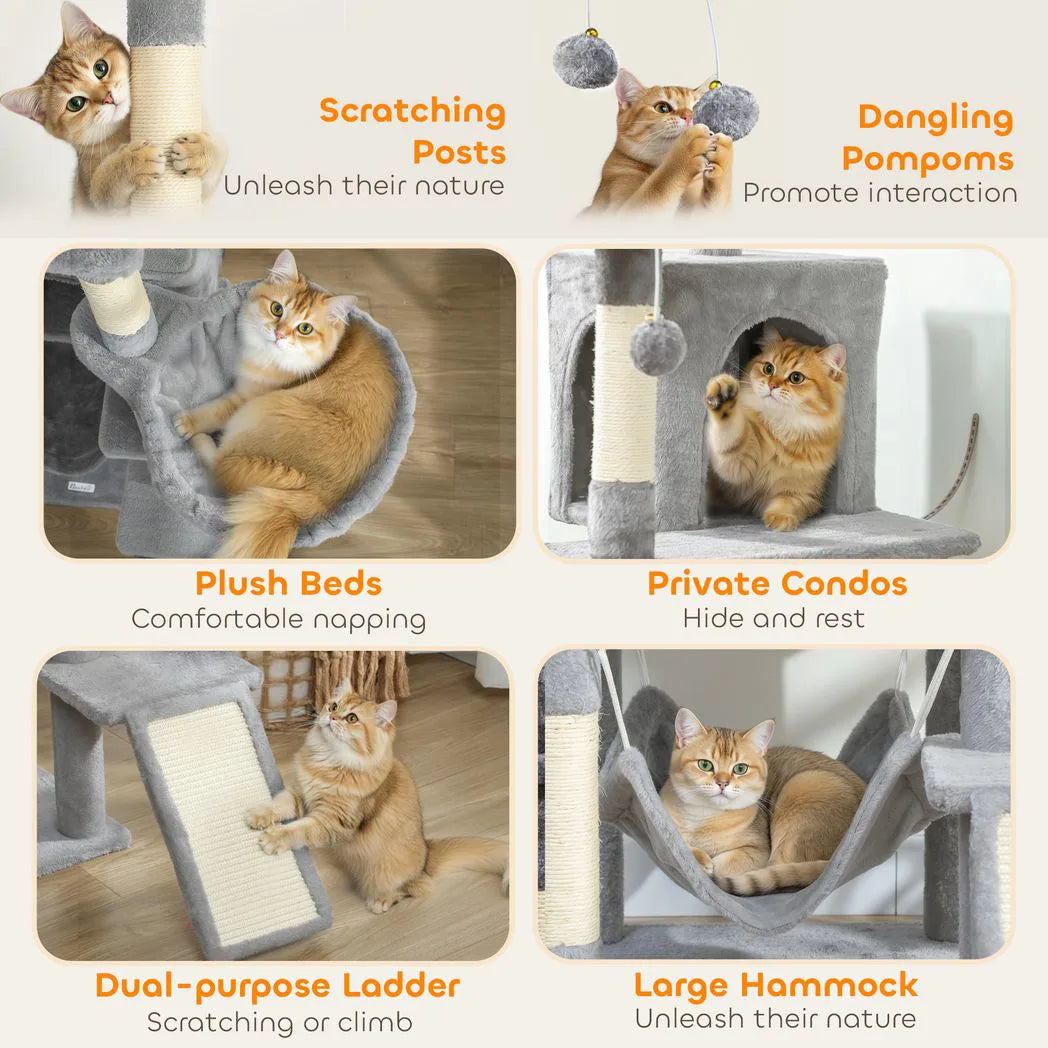PawHut Cat Tree, 192 cm Large Multi-Level Cat Tower for Indoor Kittens with 8 Scratching Posts, 3 Plush Beds, 2 Hammocks