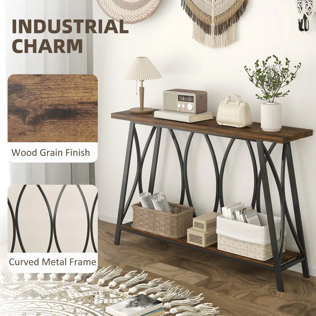 HOMCOM Narrow Console Table, Industrial 2-Tier Sofa Table with Metal Frame for Entryway, Living Room, 120x30x80cm, Rustic Brown
