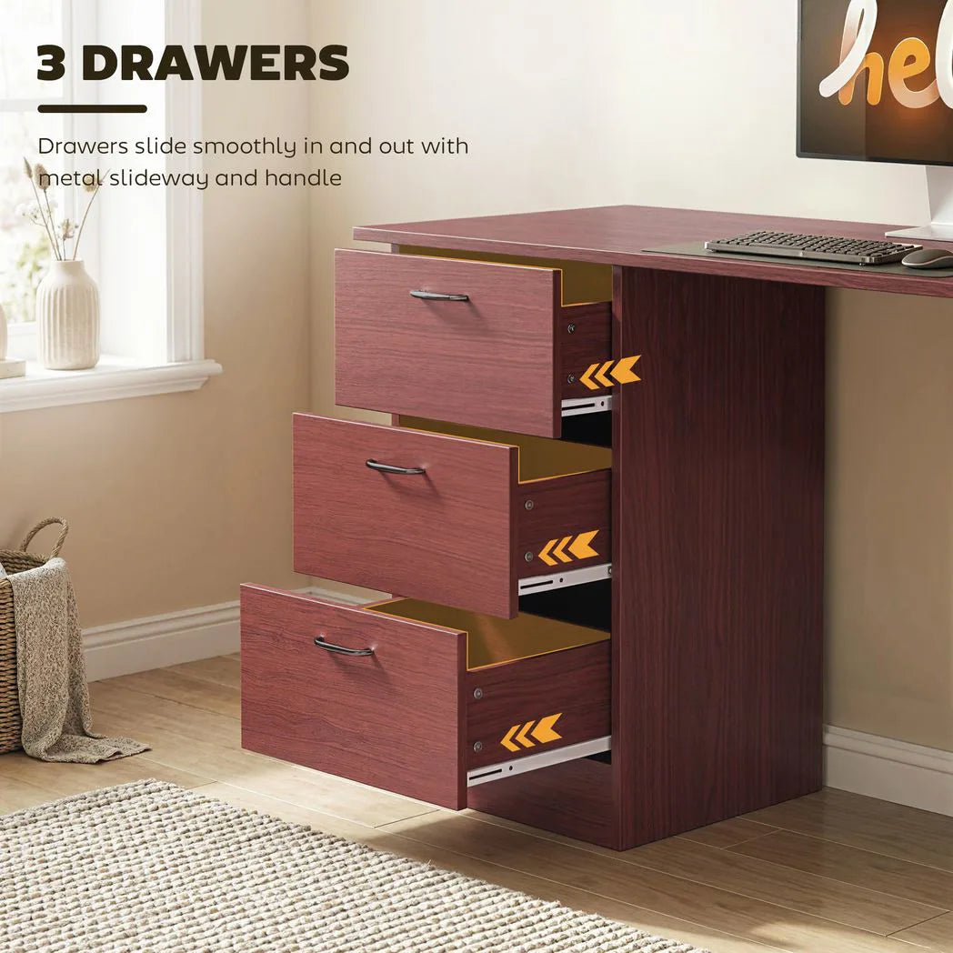 HOMCOM Computer Desk, Writing Table, PC Workstation with 3 Storage Shelves and Drawers, Handle, for Home Office, Walnut Brown
