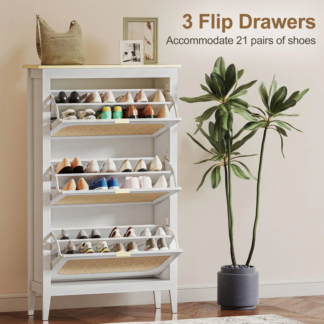 HOMCOM Narrow Shoe Cabinet, Boho Slim Shoe Storage Cabinet with 3 Flip Drawers, Holds 21 Pairs, White