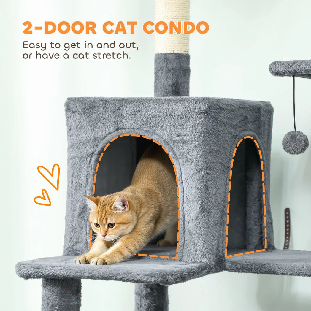 PawHut 202cm Large Cat Tree with 6 Scratching Posts, 2 Hammocks, 2 Condos, 2 Perches, Pompoms, for Indoor Cats to Rest and Play