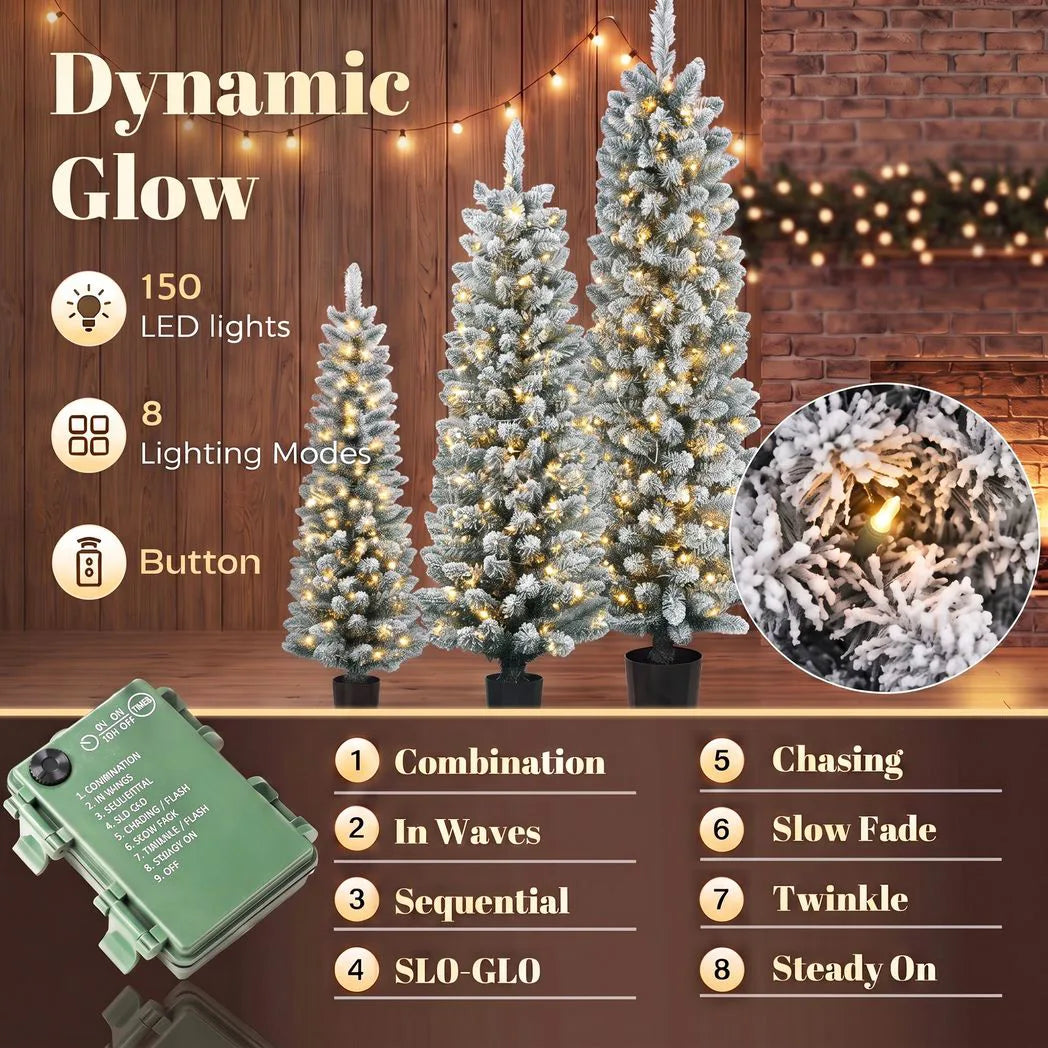 HOMCOM Prelit Snowy Flocked Artificial Christmas Tree Set of 3, Slim Xmas Tree with PVC Tips, 3FT??