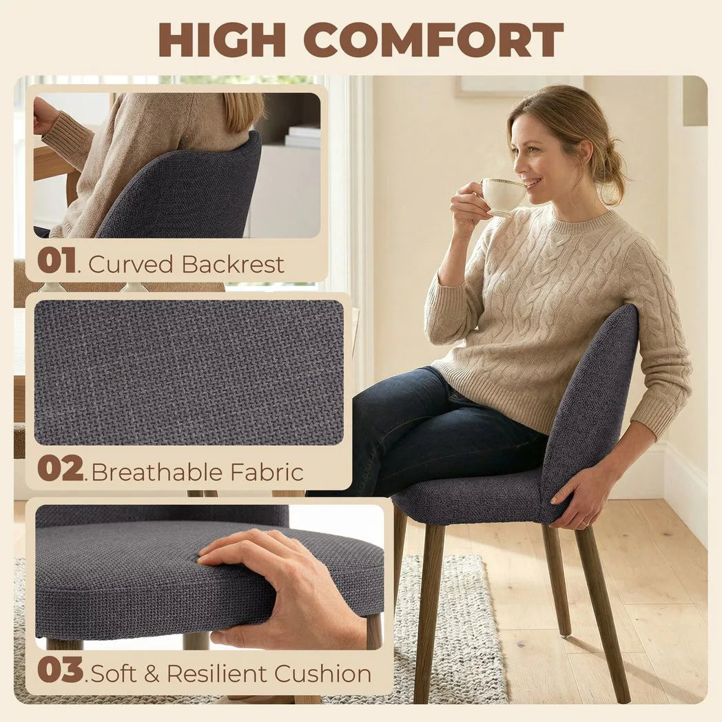 HOMCOM Dining Chairs Set of 2, Linen Upholstered Kitchen Chairs with Padded Seat, Curved Backrest, Rubberwood Legs, Dark Grey