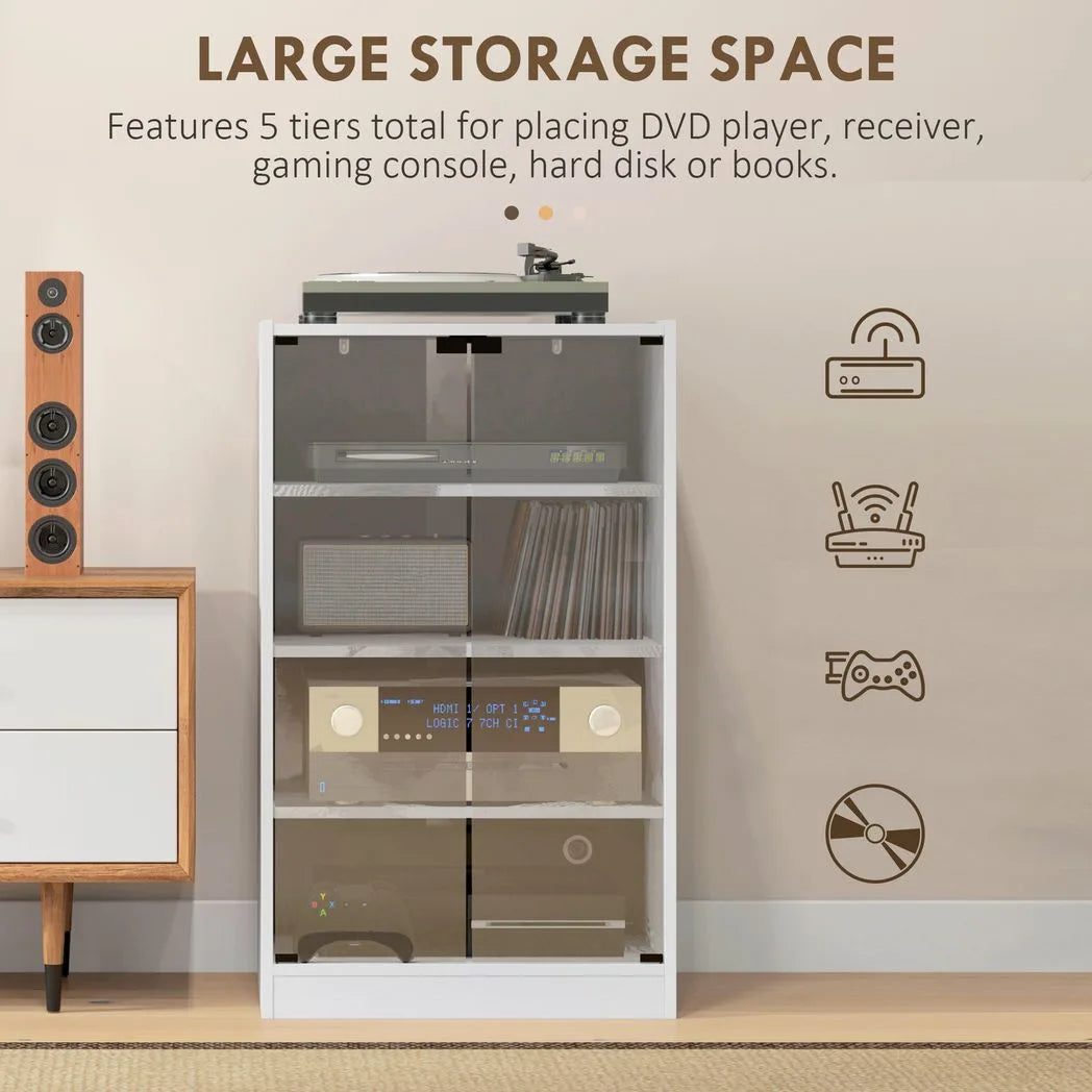 HOMCOM 4-Tier Hi-Fi Stand,  Record Player Stand with Adjustable Shelves and Push-to-Open Glass Doors, White Wood-Effect